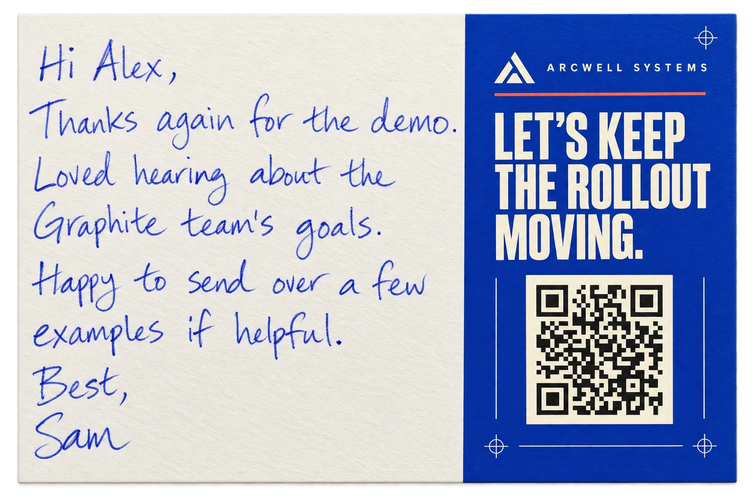 An Arcwell Systems handwritten thank-you card with a cobalt branded panel and a QR code.