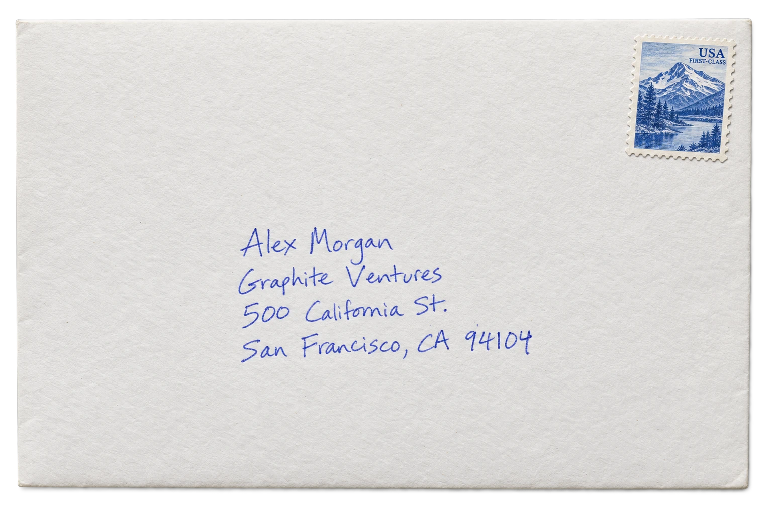 The matching stamped envelope addressed to Alex Morgan at Graphite Ventures.