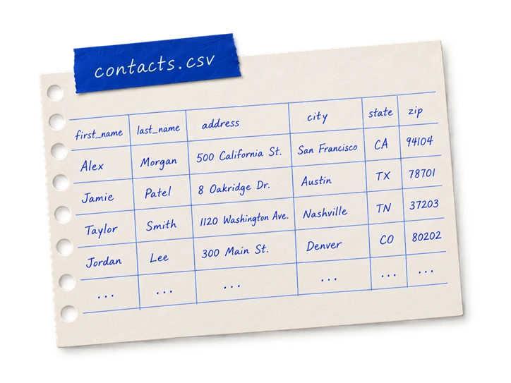 An illustrative recipient list with names and postal addresses.