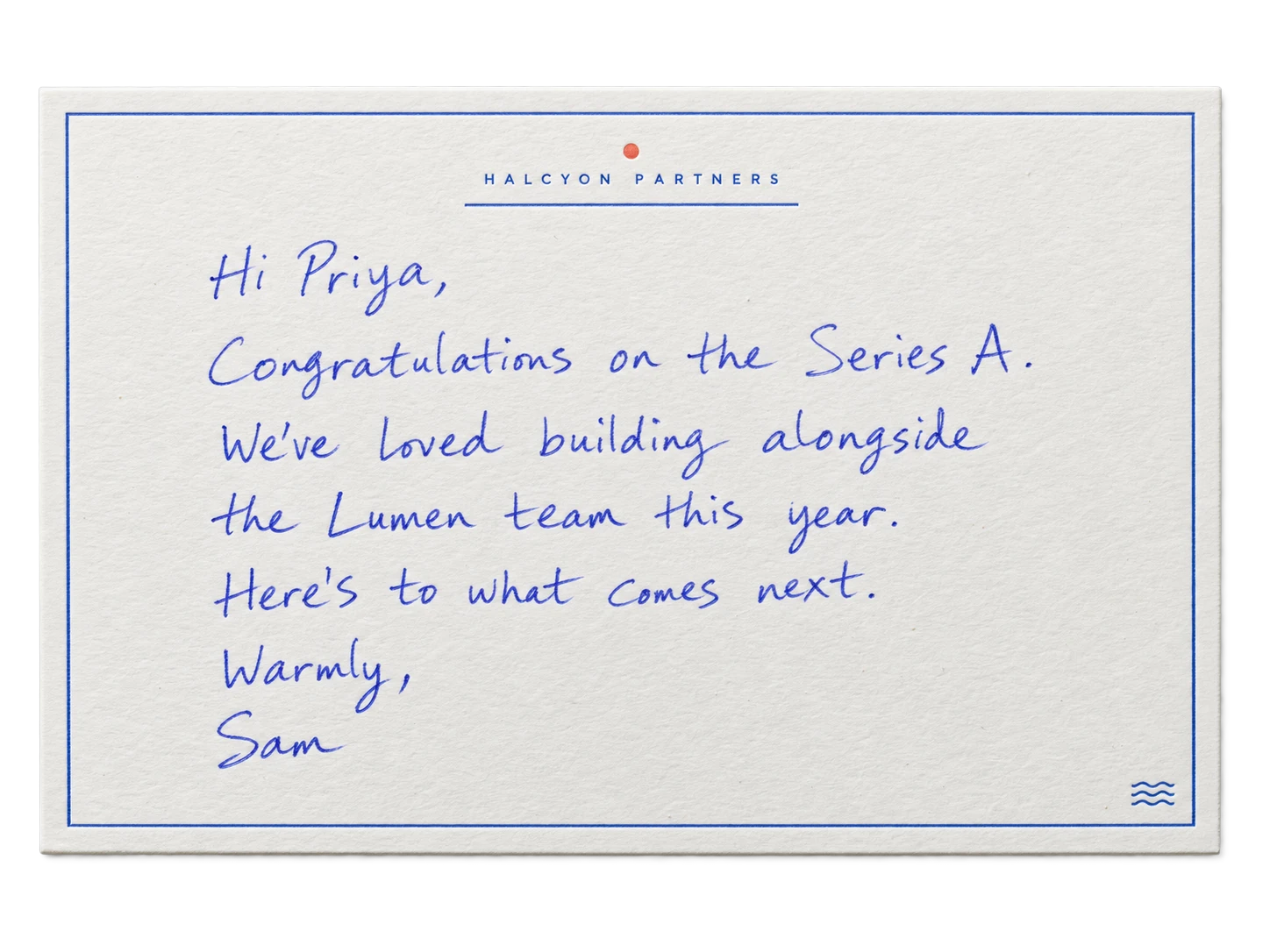 A handwritten card personalized for Priya at Lumen Robotics.