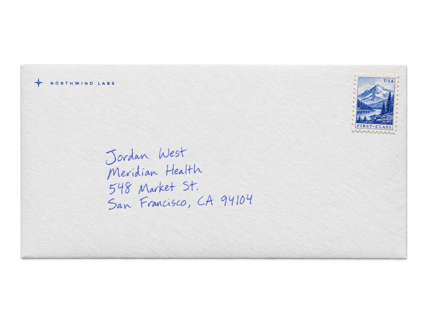 A stamped envelope addressed by hand to Jordan West in Austin, Texas