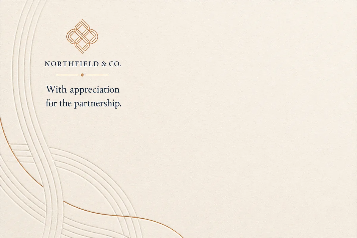 Northfield and Company client appreciation postcard with embossed copper linework.