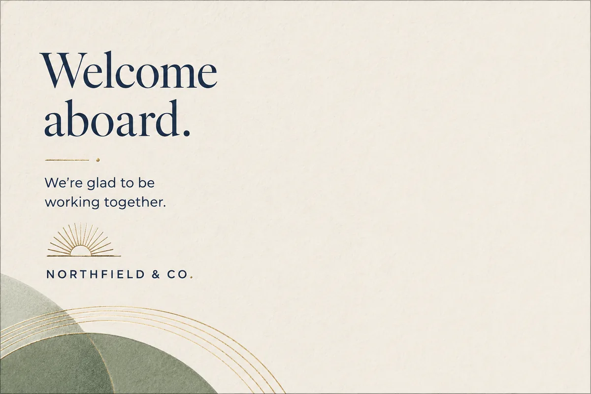 Northfield and Company welcome postcard with a sunrise motif.