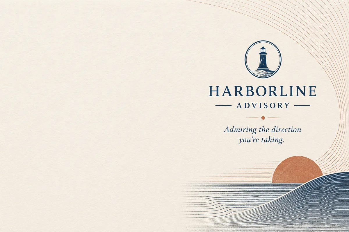 Harborline Advisory postcard with lighthouse artwork and the line Admiring the direction you're taking.