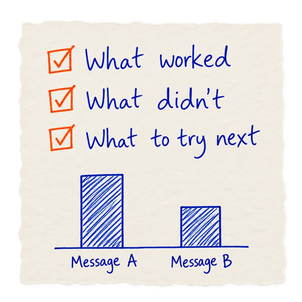 An illustrative 30-day report: What worked, what didn't and what to try next, with a hand-drawn comparison chart labeled Message A and Message B, without numeric results.