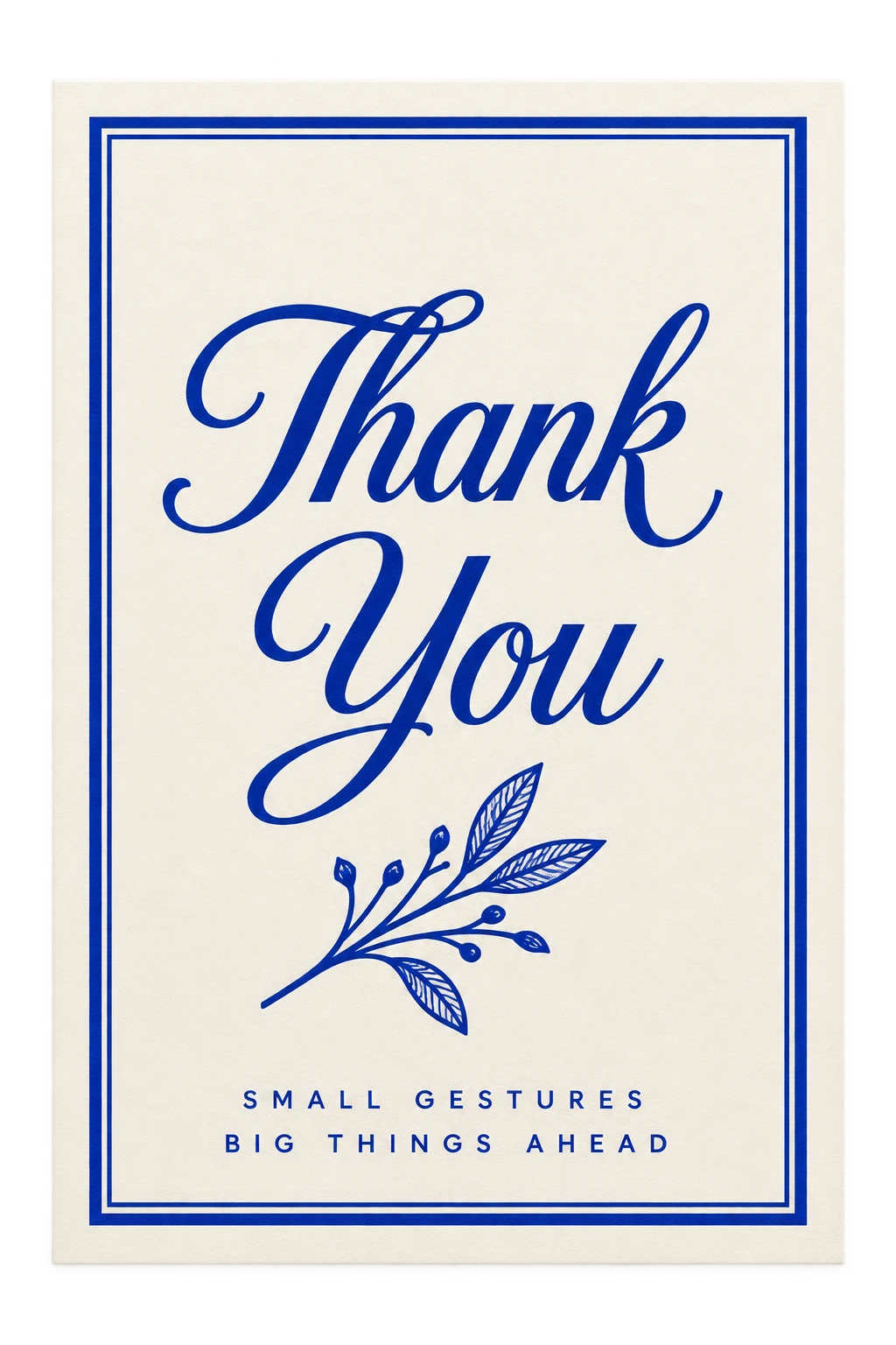 A Thank You card front with a blue botanical design