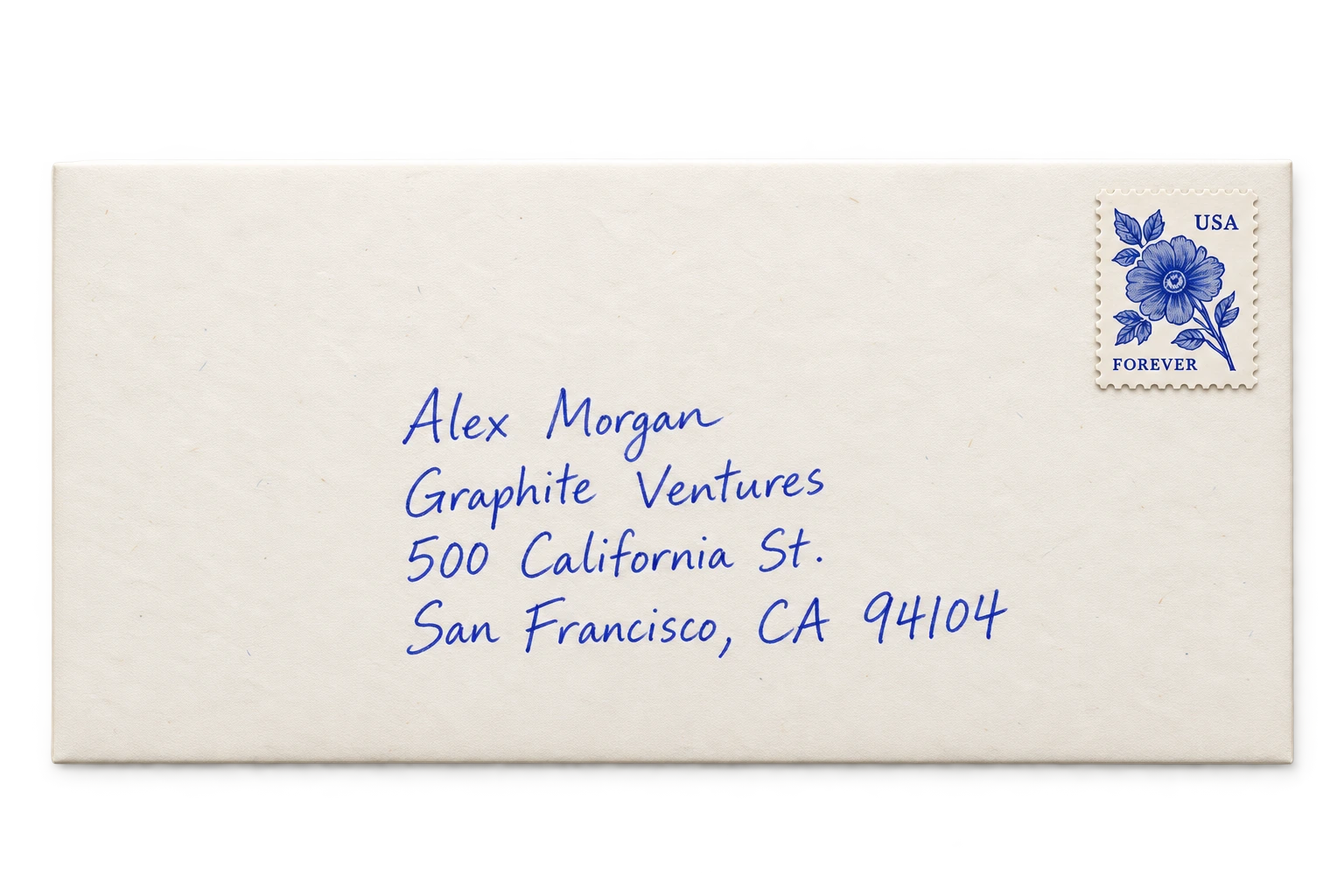 A stamped cream envelope handwritten in blue ballpoint to Alex Morgan at Graphite Ventures in San Francisco