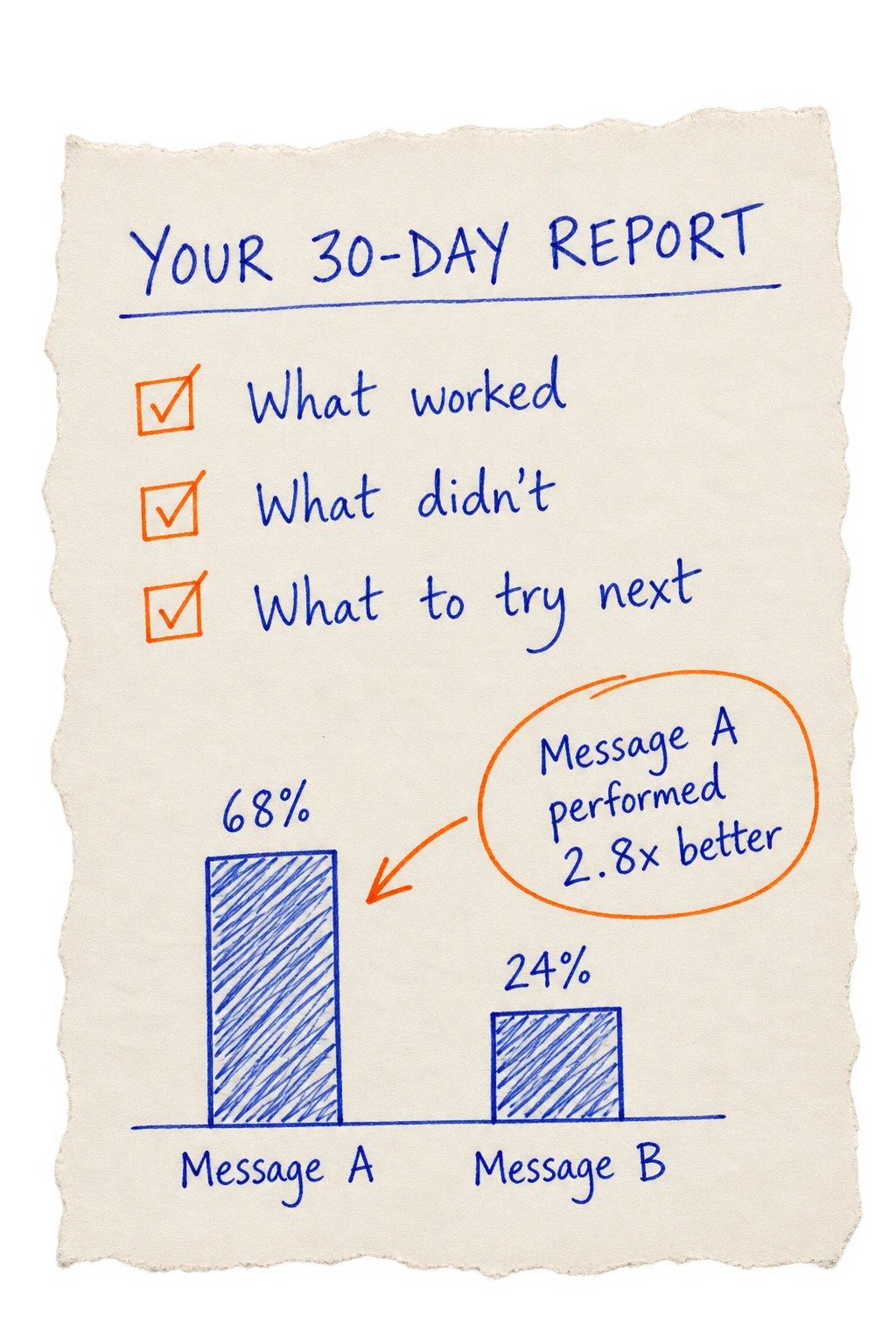 An illustrative 30-day report: What worked, what didn't and what to try next, with a hand-drawn comparison chart for messages A and B