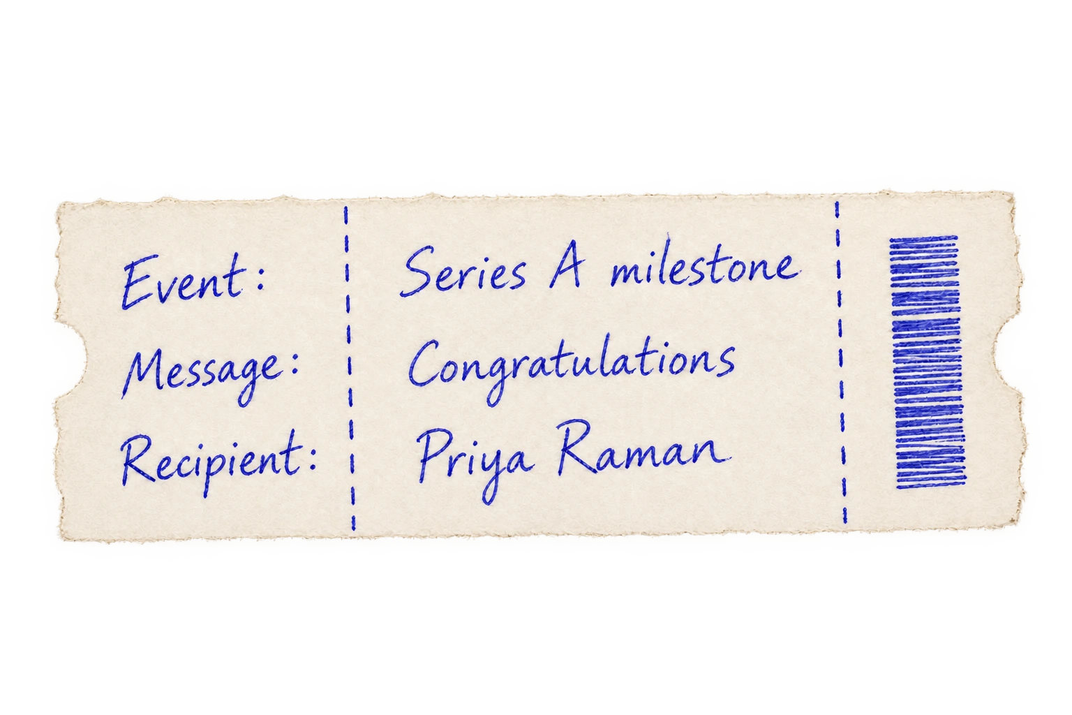 An example trigger ticket written in blue ballpoint: Event, Series A milestone; Message, Congratulations; Recipient, Priya Raman. Hand-drawn dividers and barcode.