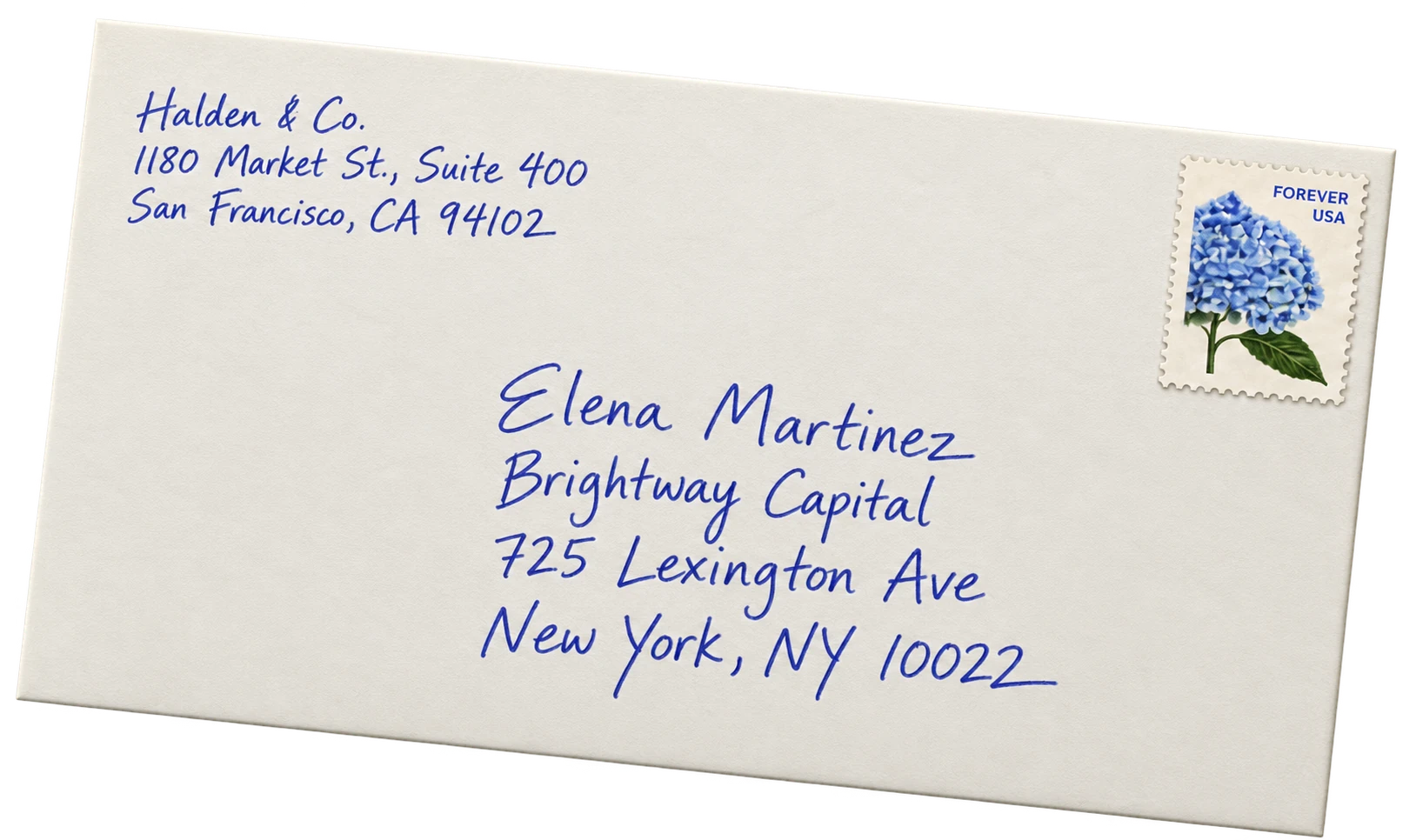 A first-class stamped envelope addressed by hand to Elena Martinez, Brightway Capital, 725 Lexington Avenue, New York
