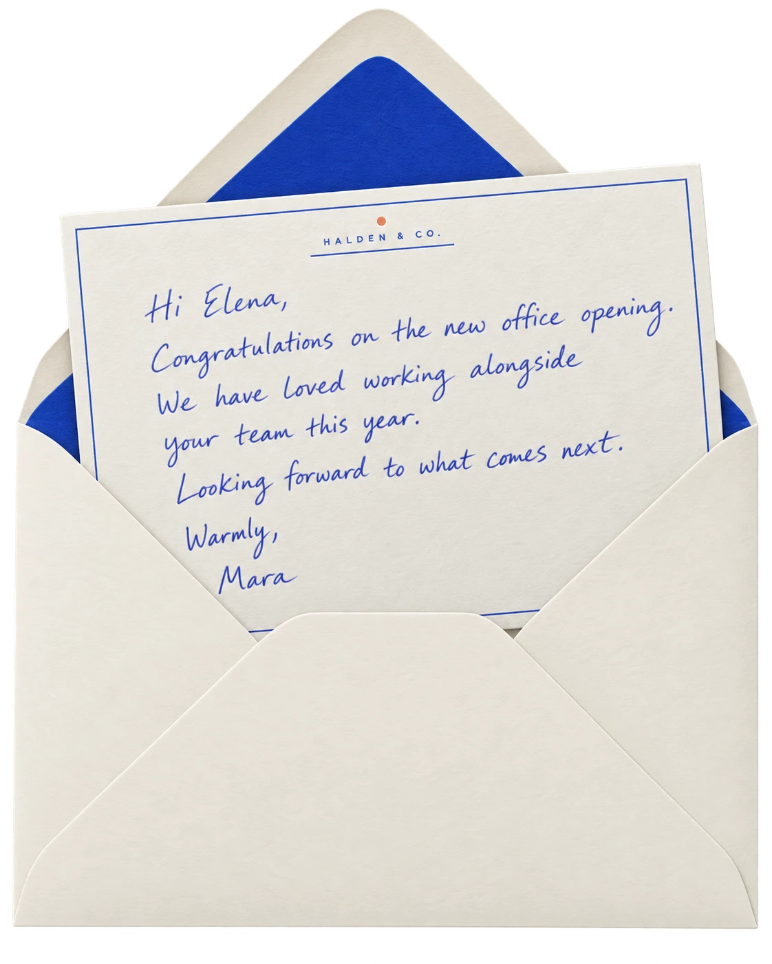 An open cream envelope with blue lining and a handwritten Halden & Co. card congratulating Elena on her new office