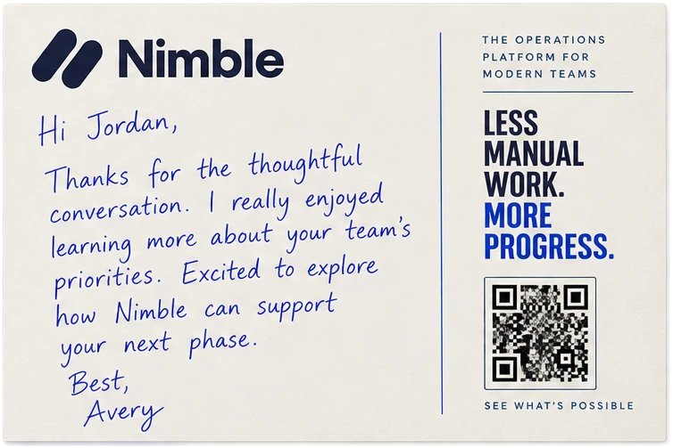 A Nimble branded card with a thoughtful handwritten follow-up to Jordan.