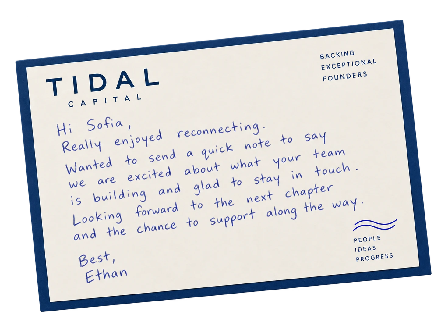 Tidal Capital handwritten card reconnecting with a founder and offering support.